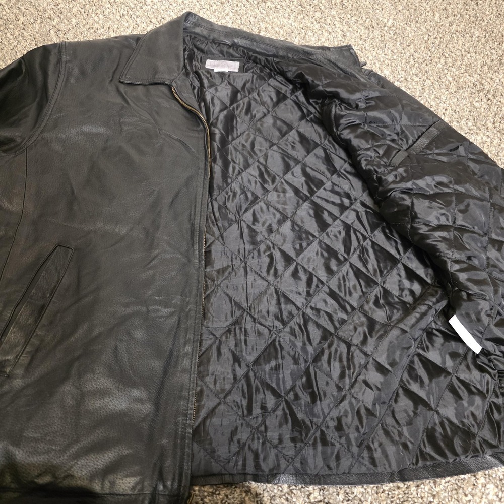 Vintage Leather Coat Mens 2XLT Black Genuine Leather Overcoat Quilted Lined Zip - Picture 7 of 9